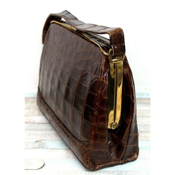 VINTAGE DEITSCH GENUINE CROCODILE BROWN LEATHER FRAME HANDBAG POCKETBOOK - Picture 5 of 12